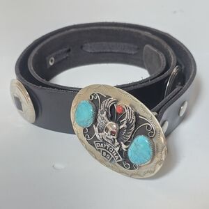 Vintage Datona Bike Week 1990 Black Leather Belt w/ Silver and Turquoise Buckle